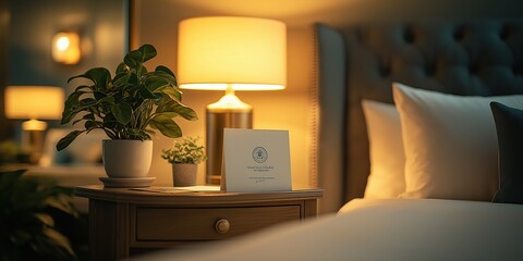 Cozy hotel room nightstand with key and welcome letter for relaxing stay