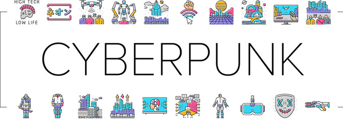 cyberpunk digital city future icons set vector. cyber technology, modern street, night light, building urban, fantasy, town blue cyberpunk digital city future color line illustrations