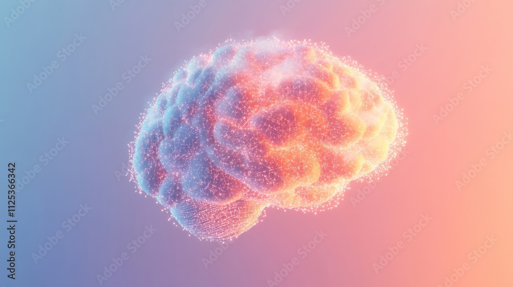 Aufkleber A glowing brain design crafted from small light points and lines, featuring a gradient background that offers ample copy space for additional text. Generative AI