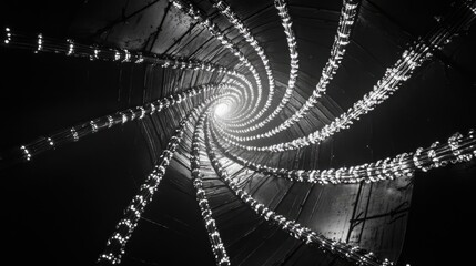 Spiral LED Light Tunnel: Futuristic Abstract Pattern in Black and White Photography