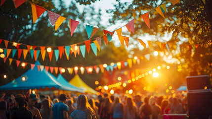 Outdoor Summer Festival with Colorful Bunting, Crowds of People, and Warm Sunset Lighting
