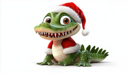 Fototapeta premium Cartoon-Style Alligator in Santa Hat for Christmas Cards and Holiday Marketing