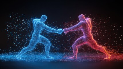 Fototapeta premium Digital Duel: Two Holographic Fighters Clashing in a Futuristic Combat Arena