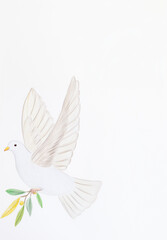 Obraz premium Children's drawing of dove holding olive branch on white background with copy space for peace day message