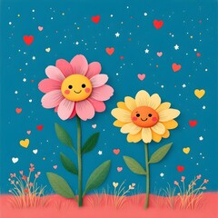 Happy Flowers with Smiling Faces in Cute Garden Art