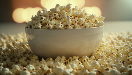 Popcorn Bowl Surrounded by Scattered Popcorn Kernels at a Cozy Movie Night