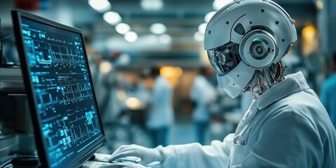 Fototapeta premium Futuristic healthcare technology with robot physician in white coat analyzing medical data