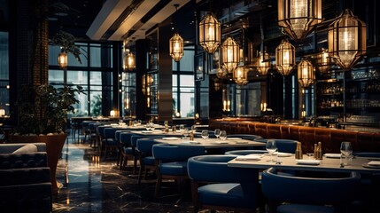 A photo of an upscale restaurant with elegant lighting