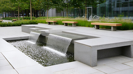 Obraz premium Modern urban water feature with flowing water and seating area in a landscaped environment