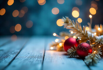 Christmas card with red & gold christmas decorations on white background. New Year lights