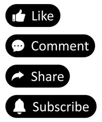Like, Share, comment and subscribe icon button set with black color. Like, thumb up, subscribe, comment, repost and share icon buttons. Social media notification icons Flat style. Vector illustration.