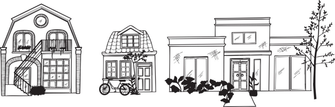 Ensemble Illustration maison vecteur lignes noires immeuble architecture