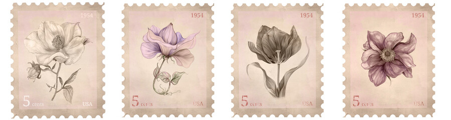vintage postage stamps floral illustrations set of 4 black white purple gold foil frames 
