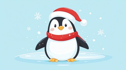 cartoon illustration flat design style cute penguin wearing a Santa hat and scarf on an ice floe