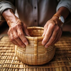 A close-up of hands weaving bamboo strips into a traditional basket, highlighting the intricate craftsmanship and natural textures
