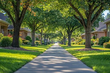 Obraz premium A side view of an asphalt road in a suburban residential area of Texas, Texas, USA, lined with numerous green trees. America is a clean and green country, making it ideal for environmental and