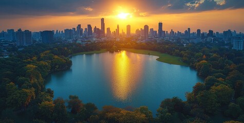 Naklejka premium The rooftop bar of a hotel in Bangkok, Thailand, offers a stunning view of Lumpini Park and the city's skyline.