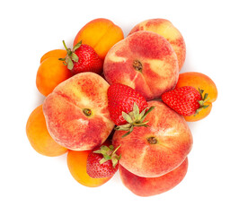 flat peach apricots strawberry path isolated on white top view
