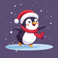 Naklejka premium cartoon illustration flat design style cute penguin wearing a Santa hat and scarf on an ice floe