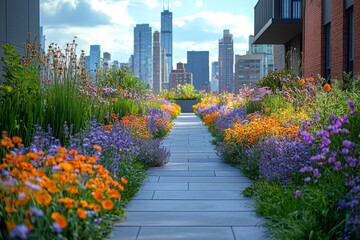 Fototapeta premium A trail lined with indigenous flora in a downtown Chicago park, surrounded by buildings, during the summer.