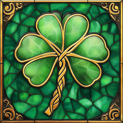 Colorful stained glass design featuring a green four-leaf clover surrounded by intricate patterns