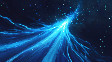 A blue light beam rises from a dark background, with streaks of light radiating outwards, creating a sense of energy and movement. Radiant. Illustration