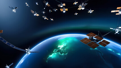 Naklejka premium Global Network: A captivating illustration of Earth with a myriad of orbiting satellites, symbolizing the interconnectedness of our world and the vastness of technological advancements. 