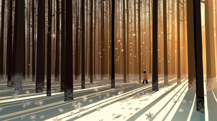 Fototapeta premium A peaceful Christmas or holiday winter scene. Forest scene in the snow - orange, brown, gold and white illustration of a woman amid snow covered trees, snowflakes fall onto trees in the wilderness. 