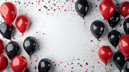 Celebration with Black and Red Balloons and Confetti