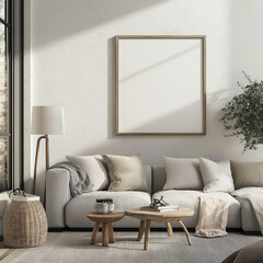 Minimalist White Poster in Light Wood Frame Above Sofa and Coffee Table with Warm Lighting