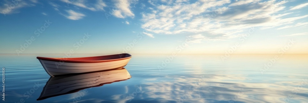 Aufkleber a lone boat floats serenely on still water, reflecting the vibrant sky at twilight, offering a perfe