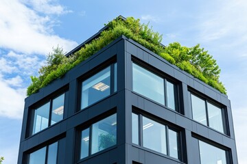 Modern black modular office building featuring an eco-friendly rooftop garden and expansive glass windows designed for sustainability and sleek aesthetics