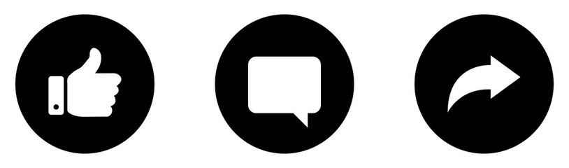 Like, Share and comment icons buttons set with black color. Like icon button, thumb up, comment, repost and share icon buttons. Social media notification icons. Flat design. Vector illustration.