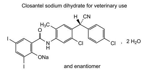 Chemical structure of closantel sodium dihydrate for veterinary use, drug substance