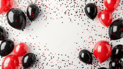 Celebration with Black and Red Balloons and Confetti