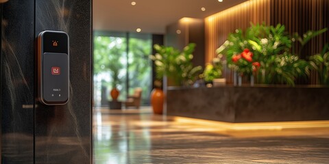 Modern hotel design with electronic room key on marble surface