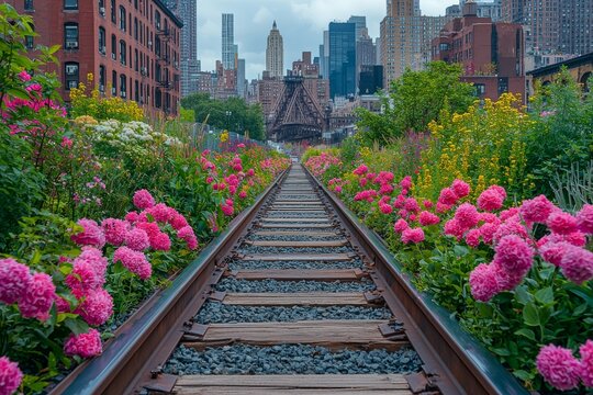 A high vantage point from The High Line overlooking West 17th Street in New York City, with the foreground featuring the colorful flowers and shrubs in the park.