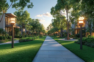 Obraz premium A pathway in an urban park lit by city lights or lanterns.