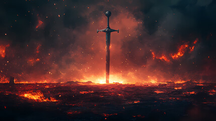 Naklejka premium A sword stands upright in the ground, surrounded by glowing embers and radiant light, set in a dramatic and fiery atmosphere. Radiant. Illustration