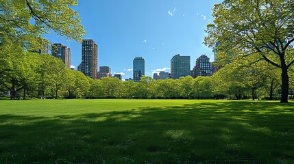 A skyline featuring skyscrapers, a church tower, a park, and trees.
