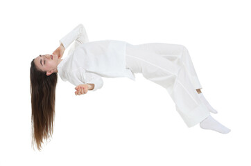 Somnambulist in pajamas on white background. Sleepwalking