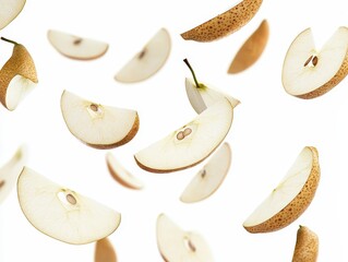 Falling identical pear slices floating in the air isolated on white background