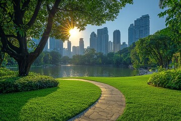 The park offers a beautiful view with a large tree and a fresh green grass field in the morning.