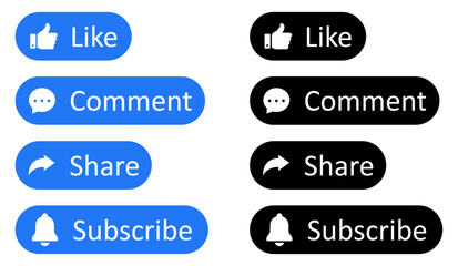Like, Share, subscribe and comment icons buttons set with black and blue color. Like button, thumb up, comment, repost and share icon buttons. Social media icons set flat style. Vector illustration.