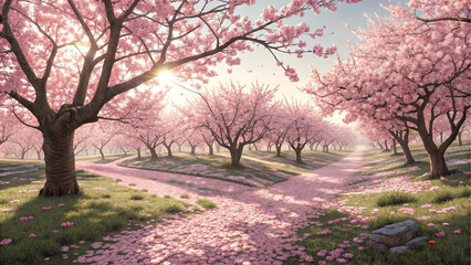 Obraz premium Serene Cherry Blossom Path Springtime Tranquility in a Pink Paradise