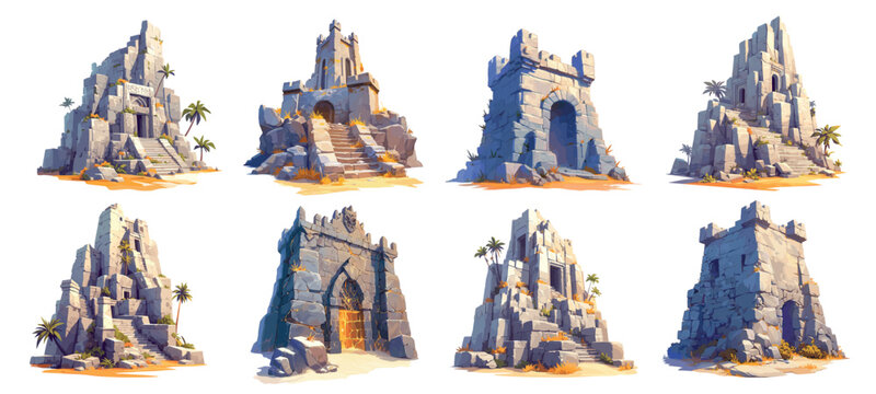 stone ancient fortresses cartoon. medieval fortress set, temple fantasy arch palms slabs aztecs architecture vector illustration