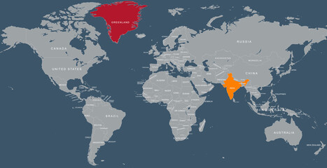 A detailed world map with India and greenland prominently highlighted in different colors. This image emphasizes geographic locations, geopolitical focus, and international boundaries © habib billah