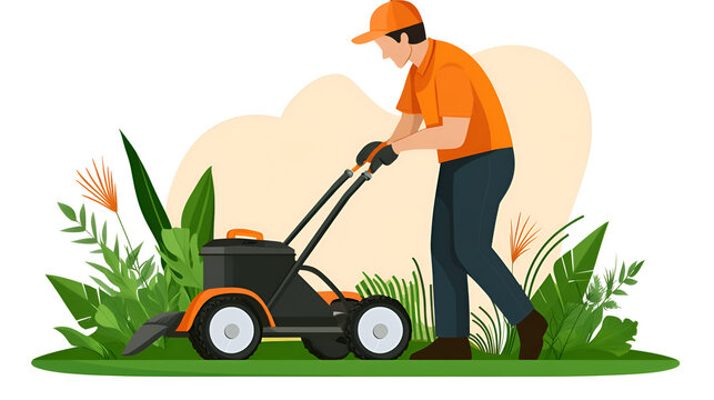 man mowing grass with a lawnmower in a colorful garden illustration
