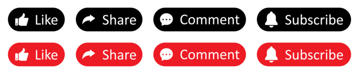 Like, Share, subscribe and comment icons buttons set with black and red color isolated. Like, thumb up, comment, repost and share icon buttons. Social media icon flat style. Vector illustration.