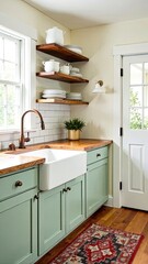A charming farmhouse kitchen with open wooden shelves stocked with white ceramic dishes and glass jars